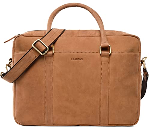 LEABAGS Leder Aktentasche Herren & Damen I Echtleder Laptoptasche bis 16 Zoll I Umhängetasche mit Schultergurt I Schultertasche I Messenger Bag I Arbeitstasche I Lehrertasche (Nature Hellbraun) von LEABAGS