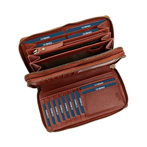 LEABAGS Leder Geldbörse Damen - Portemonnaie Gross mit RFID Schutz, Echtleder XXL Geldbeutel Damen Groß, 29 Kartenfächer Portmonee mit Münzfach, Doppelter Reißverschluss (Nappa Rotbraun) von LEABAGS