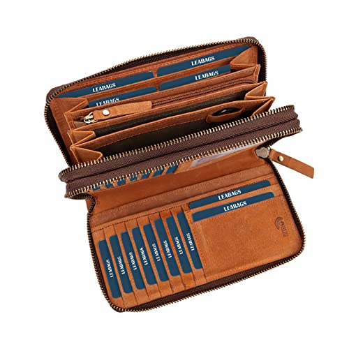 LEABAGS Leder Geldbörse Damen - Portemonnaie Gross mit RFID Schutz, Echtleder XXL Geldbeutel Damen Groß, 29 Kartenfächer Portmonee mit Münzfach, Doppelter Reißverschluss (Nature Hellbraun) von LEABAGS