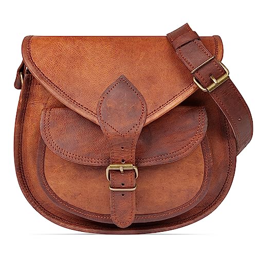 LEABAGS Leder Handtasche Damen, Vintage Cognac Premium Echtleder Umhängetasche, Damen Schultertasche Damentasche Tragetasche für Arbeit Uni Schule Freizeit I Größe M (21 x 20 x 8 cm) von LEABAGS