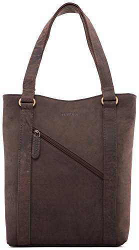 LEABAGS Leder Handtasche Damen I Premium Echtleder Schultertasche I Damen Henkeltasche I Damentasche I Tragetasche für Arbeit Uni Schule Freizeit I 37 x 29 x 6 cm I Nature Dunkelbraun von LEABAGS