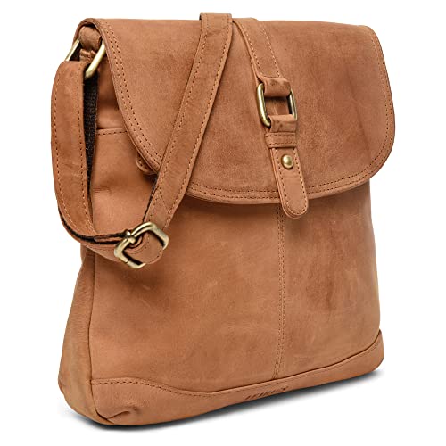 LEABAGS Leder Handtasche Damen I Premium Echtleder Umhängetasche I Damen Schultertasche I Damentasche I Tragetasche für Arbeit Uni Schule Freizeit I 27 x 23 x 6 cm I Nature Hellbraun von LEABAGS