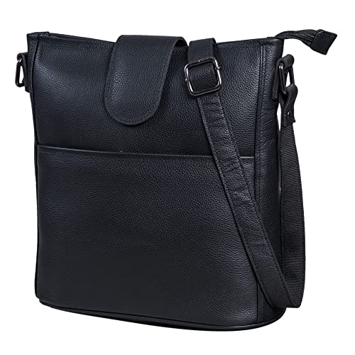 LEABAGS Leder Handtasche Damen I Premium Echtleder Umhängetasche I Damen Schultertasche I Damentasche I Tragetasche für Arbeit Uni Schule Freizeit I Größe L (31 x 23 x 6 cm) I Nappa Schwarz von LEABAGS