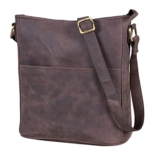 LEABAGS Leder Handtasche Damen I Premium Echtleder Umhängetasche I Damen Schultertasche I Damentasche I Tragetasche für Arbeit Uni Schule Freizeit I Größe L (31 x 23 x 6 cm) I Nature Dunkelbraun von LEABAGS