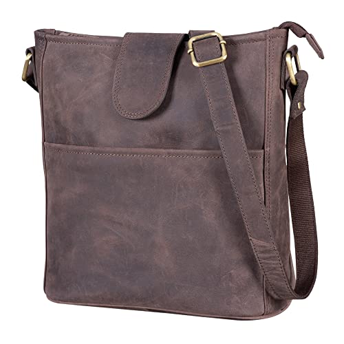 LEABAGS Leder Handtasche Damen I Premium Echtleder Umhängetasche I Damen Schultertasche I Damentasche I Tragetasche für Arbeit Uni Schule Freizeit I Größe L (31 x 23 x 6 cm) I Nature Dunkelbraun von LEABAGS