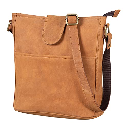 LEABAGS Leder Handtasche Damen I Premium Echtleder Umhängetasche I Damen Schultertasche I Damentasche I Tragetasche für Arbeit Uni Schule Freizeit I Größe L (31 x 23 x 6 cm) I Nature Hellbraun von LEABAGS