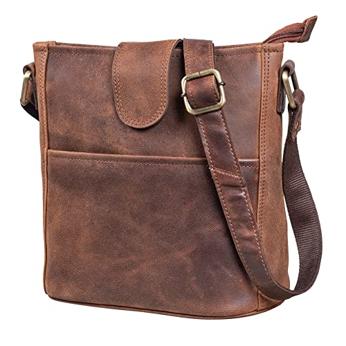 LEABAGS Leder Handtasche Damen I Premium Echtleder Umhängetasche I Damen Schultertasche I Damentasche I Tragetasche für Arbeit Uni Schule Freizeit I Größe L (31 x 23 x 6 cm) I Nut von LEABAGS