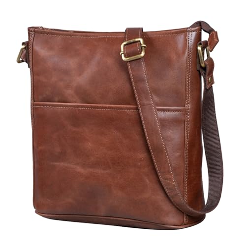 LEABAGS Leder Handtasche Damen I Premium Echtleder Umhängetasche I Damen Schultertasche I Damentasche I Tragetasche für Arbeit Uni Schule Freizeit I Größe L (31 x 23 x 6 cm) I Vintage Cognac von LEABAGS