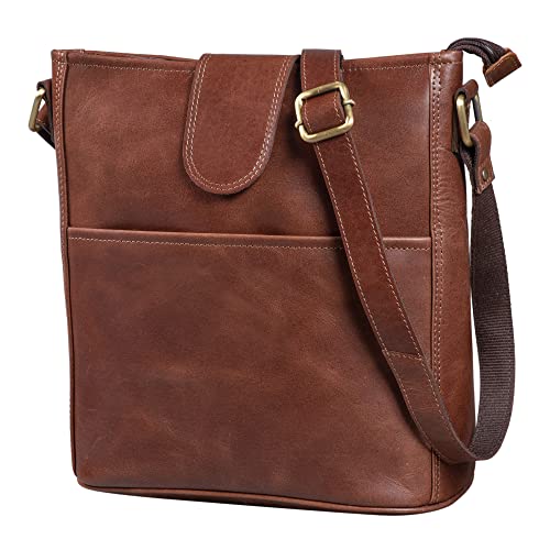 LEABAGS Leder Handtasche Damen I Premium Echtleder Umhängetasche I Damen Schultertasche I Damentasche I Tragetasche für Arbeit Uni Schule Freizeit I Größe L (31 x 23 x 6 cm) I Vintage Cognac von LEABAGS