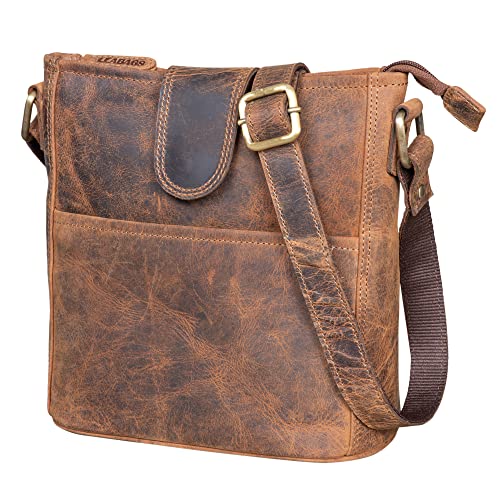 LEABAGS Leder Handtasche Damen I Premium Echtleder Umhängetasche I Damen Schultertasche I Damentasche I Tragetasche für Arbeit Uni Schule Freizeit I Größe L (31 x 29 x 13 cm) I Vintage Dunkelbraun von LEABAGS