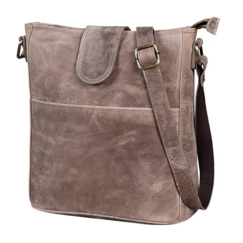 LEABAGS Leder Handtasche Damen I Premium Echtleder Umhängetasche I Damen Schultertasche I Damentasche I Tragetasche für Arbeit Uni Schule Freizeit I Größe L (31 x 29 x 13 cm) I Vintage Graubraun von LEABAGS