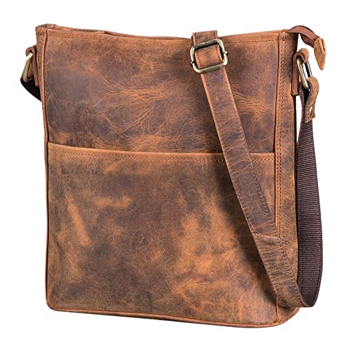 LEABAGS Leder Handtasche Damen I Premium Echtleder Umhängetasche I Damen Schultertasche I Damentasche I Tragetasche für Arbeit Uni Schule Freizeit I Größe M (24 x 23 x 6 cm) I Fox von LEABAGS