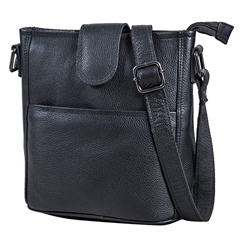 LEABAGS Leder Handtasche Damen I Premium Echtleder Umhängetasche I Damen Schultertasche I Damentasche I Tragetasche für Arbeit Uni Schule Freizeit I Größe M (24 x 23 x 6 cm) I Nappa Schwarz von LEABAGS
