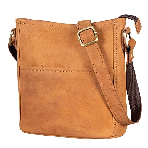 LEABAGS Leder Handtasche Damen I Premium Echtleder Umhängetasche I Damen Schultertasche I Damentasche I Tragetasche für Arbeit Uni Schule Freizeit I Größe M (24 x 23 x 6 cm) I Nature Hellbraun von LEABAGS