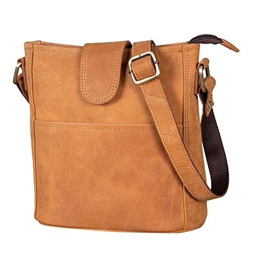 LEABAGS Leder Handtasche Damen I Premium Echtleder Umhängetasche I Damen Schultertasche I Damentasche I Tragetasche für Arbeit Uni Schule Freizeit I Größe M (24 x 23 x 6 cm) I Nature Hellbraun von LEABAGS