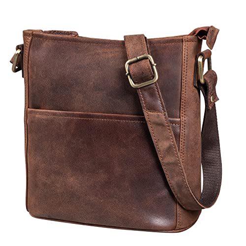 LEABAGS Leder Handtasche Damen I Premium Echtleder Umhängetasche I Damen Schultertasche I Damentasche I Tragetasche für Arbeit Uni Schule Freizeit I Größe M (24 x 23 x 6 cm) I Nut von LEABAGS