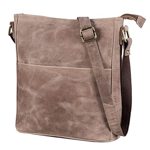LEABAGS Leder Handtasche Damen I Premium Echtleder Umhängetasche I Damen Schultertasche I Damentasche I Tragetasche für Arbeit Uni Schule Freizeit I Größe M (24 x 23 x 6 cm) I Vintage Graubraun von LEABAGS