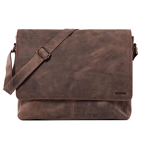 LEABAGS Leder Umhängetasche Herren I Arbeitstasche Herren I Laptoptasche Leder Herren bis 15 Zoll I Aktentasche Herren I Ledertasche Herren I Vintage Graubraun von LEABAGS