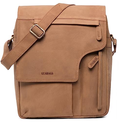 LEABAGS Leder Umhängetasche Herren & Damen I Echtleder Laptoptasche bis 13 Zoll I Messenger Bag mit Schultergurt I Schultertasche I Arbeitstasche I Tragetasche I Handtasche I Nature Hellbraun von LEABAGS