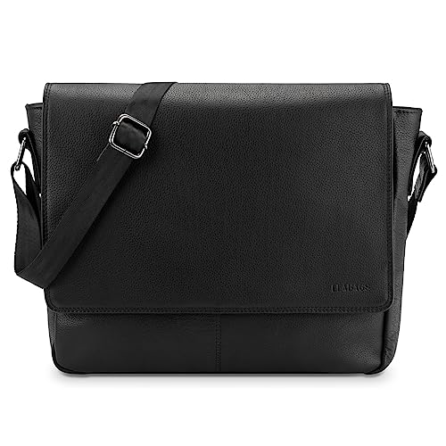 LEABAGS Leder Umhängetasche Herren & Damen I Echtleder Laptoptasche bis 14 Zoll I Messenger Bag mit Schultergurt I Schultertasche I Arbeitstasche I Tragetasche I Handtasche I Nappa Schwarz von LEABAGS