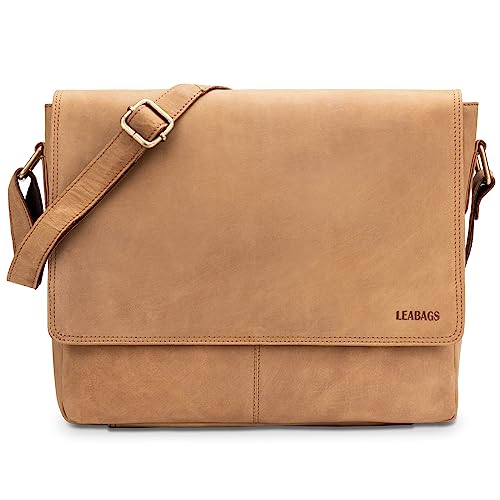 LEABAGS Leder Umhängetasche Herren & Damen I Echtleder Laptoptasche bis 14 Zoll I Messenger Bag mit Schultergurt I Schultertasche I Arbeitstasche I Tragetasche I Handtasche I Nature Hellbraun von LEABAGS