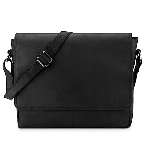 LEABAGS Leder Umhängetasche Herren & Damen I Echtleder Laptoptasche bis 14 Zoll I Messenger Bag mit Schultergurt I Schultertasche I Arbeitstasche I Tragetasche I Handtasche I Nature Schwarz von LEABAGS