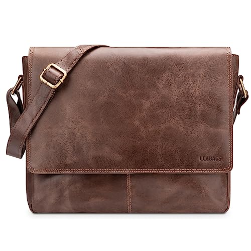 LEABAGS Leder Umhängetasche Herren & Damen I Echtleder Laptoptasche bis 14 Zoll I Messenger Bag mit Schultergurt I Schultertasche I Arbeitstasche I Tragetasche I Handtasche I Vintage Cognac von LEABAGS