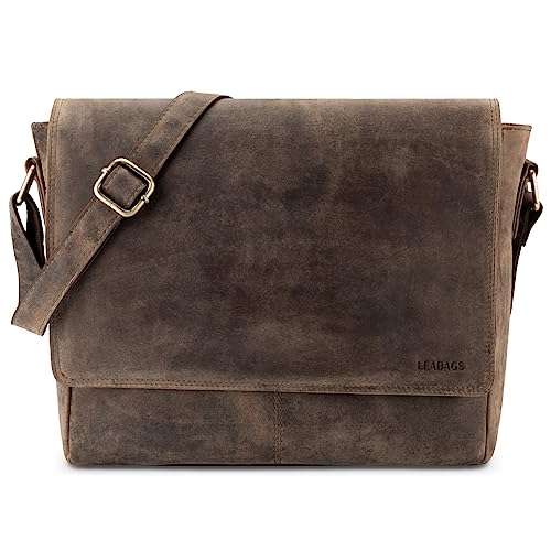 LEABAGS Leder Umhängetasche Herren & Damen I Echtleder Laptoptasche bis 14 Zoll I Messenger Bag mit Schultergurt I Schultertasche I Arbeitstasche I Tragetasche I Handtasche I Vintage Graubraun von LEABAGS