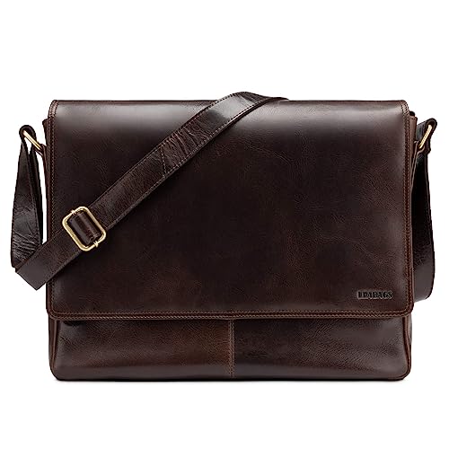 LEABAGS Leder Umhängetasche Herren & Damen I Echtleder Laptoptasche bis 15 Zoll I Messenger Bag mit Schultergurt I Schultertasche I Arbeitstasche I Tragetasche I Handtasche I Mocca von LEABAGS