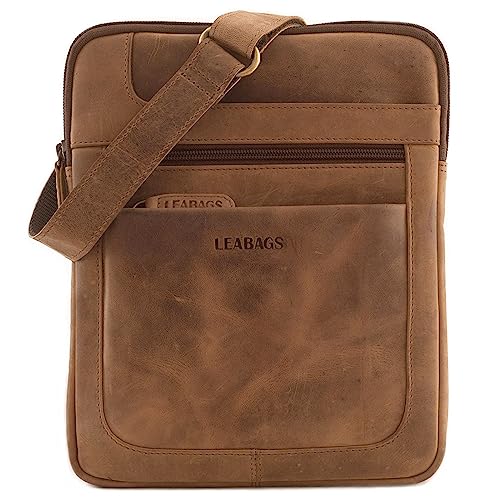 LEABAGS Leder Umhängetasche Herren & Damen I Messenger Bag mit Schultergurt I Schultertasche I Arbeitstasche I Tragetasche I Handtasche I Echtleder Tasche I Nature Hellbraun von LEABAGS