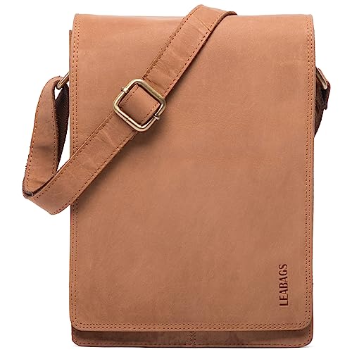 LEABAGS Leder Umhängetasche Herren & Damen I Messenger Bag mit Schultergurt I Schultertasche I Arbeitstasche I Tragetasche I Handtasche I Echtleder Tasche I Nature Hellbraun von LEABAGS