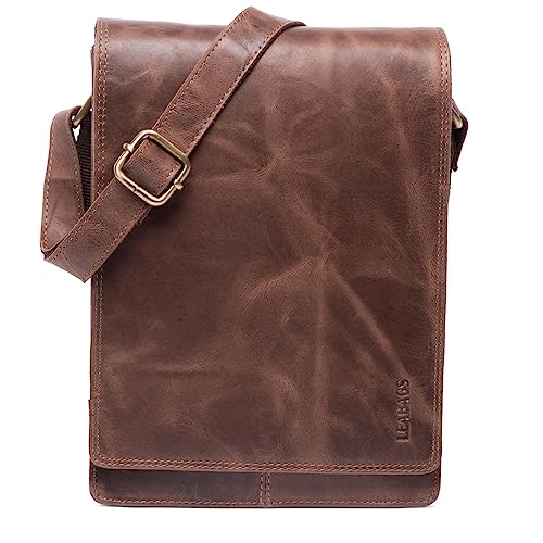 LEABAGS Leder Umhängetasche Herren & Damen I Messenger Bag mit Schultergurt I Schultertasche I Arbeitstasche I Tragetasche I Handtasche I Echtleder Tasche I Vintage Cognac von LEABAGS