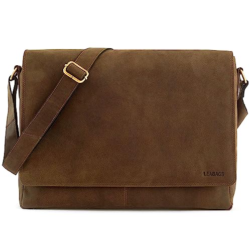 LEABAGS Messenger Bag, Oxford Echtleder Umhängetasche Herren Ständiger Begleiter, Leder Laptoptasche bis 15 Zoll Ausreichend Platz, Umhängetasche mit Schultergurt Begleiter Zur Arbeit von LEABAGS
