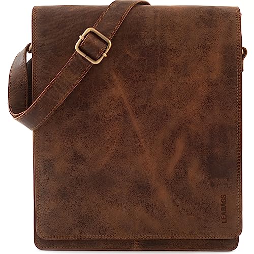 LEABAGS Leder Messenger Bag, London Vintage Herren Umhängetaschen, Echtleder Aktentasche Laptoptasche bis 13 Zoll, Umhängetasche mit Schultergurt Arbeitstasche Herren Lehrertasche 38 x 33 x 10cm von LEABAGS