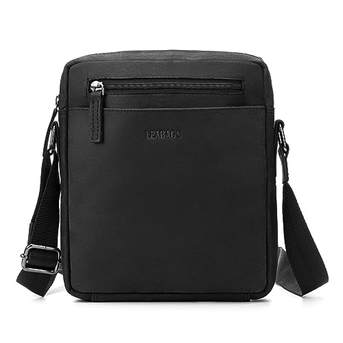 LEABAGS Messenger Bag Kalkutta, Echtleder Umhängetasche Herren, Leder Tablettasche Männertasche mit Schultergurt, Leder handgefertigt Herren Ledertasche für Arbeit Reise Alltagsleben (M/Schwarz) von LEABAGS