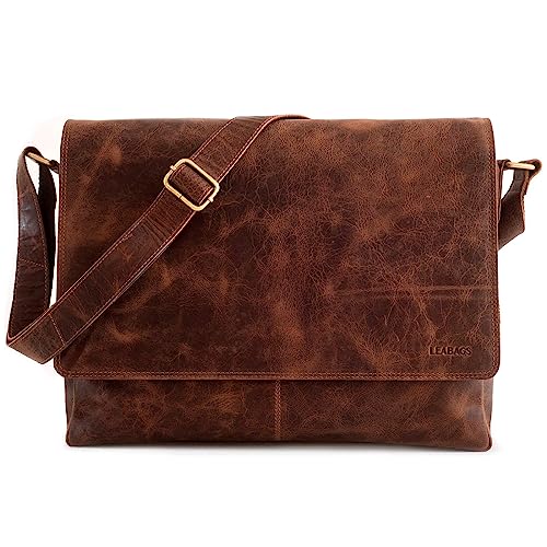 LEABAGS Leder Umhängetasche Herren I Arbeitstasche Herren I Laptoptasche Leder Herren bis 15 Zoll I Aktentasche Herren I Ledertasche Herren I Vintage Cognac von LEABAGS