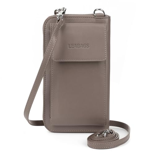 LEABAGS Handytasche zum Umhängen aus echtem Leder | Kleine Umhängetasche Damen | Geldbeutel Damen | Mini Tasche |19,5x3,5x11 cm | Portemonnaie Taupe von LEABAGS