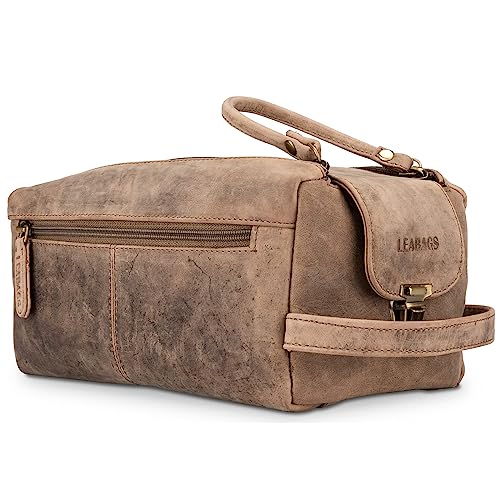 LEABAGS großer Leder Premium Kulturbeutel Damen & Herren I Kulturtasche für Männer & Frauen I Geräumige Kosmetiktasche I Wachtasche I Beauty Case I Waschbeutel I Vintage Graubraun von LEABAGS