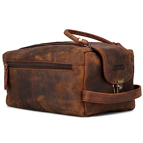 LEABAGS großer Leder Premium Kulturbeutel Damen & Herren I Kulturtasche für Männer & Frauen I Geräumige Kosmetiktasche I Wachtasche I Beauty Case I Waschbeutel I Vintage Rotbraun von LEABAGS