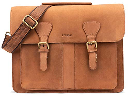 LEABAGS Leder Aktentasche Herren & Damen I Echtleder Laptoptasche bis 15 Zoll I Umhängetasche mit Schultergurt I Schultertasche I Messenger Bag I Arbeitstasche I Lehrertasche I Nature Hellbraun von LEABAGS