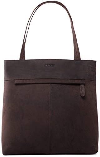 LEABAGS Leder Handtasche Damen I Premium Echtleder Schultertasche I Damen Henkeltasche I Damentasche I Tragetasche für Arbeit Uni Schule Freizeit I 32 x 32 x 10 cm I Nature Dunkelbraun von LEABAGS