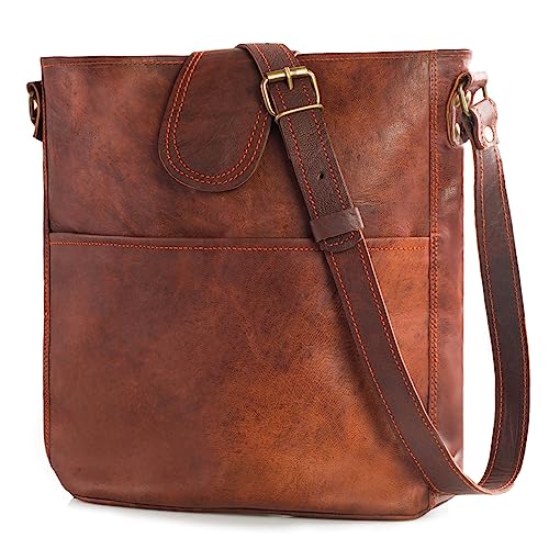 LEABAGS Leder Handtasche Damen I Premium Echtleder Umhängetasche I Damen Schultertasche I Damentasche I Tragetasche für Arbeit Uni Schule Freizeit I Größe L (31 x 29 x 6 cm) I Vintage Cognac von LEABAGS