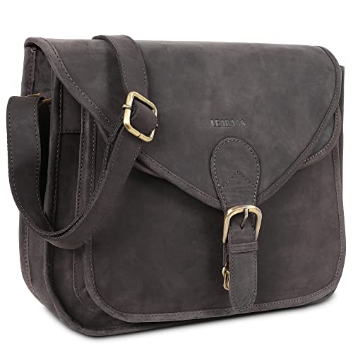 LEABAGS Leder Handtasche Damen I Premium Echtleder Umhängetasche I Damen Schultertasche I Damentasche I Tragetasche für Arbeit Uni Schule Freizeit I Größe L (32 x 31 x 9 cm) I Nature Dunkelbraun von LEABAGS