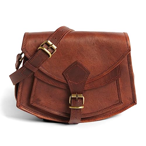 LEABAGS Leder Handtasche Damen I Premium Echtleder Umhängetasche I Damen Schultertasche I Damentasche I Tragetasche für Arbeit Uni Schule Freizeit I Größe M (23 x 15 x 7 cm) I Vintage Cognac von LEABAGS