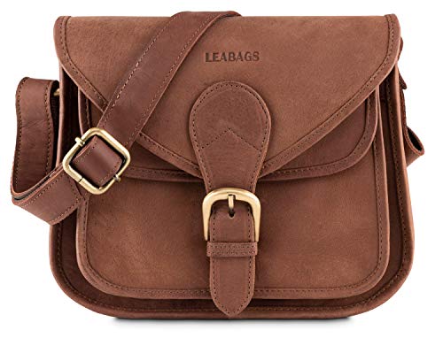 LEABAGS Leder Handtasche Damen I Premium Echtleder Umhängetasche I Damen Schultertasche I Damentasche I Tragetasche für Arbeit Uni Schule Freizeit I Größe M (23 x 20 x 8 cm) I Nature Dunkelbraun von LEABAGS