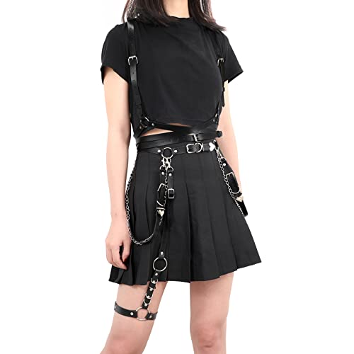 LEACOOLKEY 2 Stücke Damen Punk Leder Taillengürtel Gürtel mit Bein Gothic Strumpfbänder, Schwarz Leder Gürtel für Cosplay Rave Outfit Halloween Kostüm von LEACOOLKEY