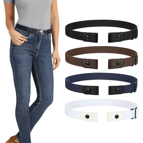 LEACOOLKEY 4 Stück Damen ohne Schnalle Elastischer Stretch Gürtel für Jeans Unsichtbarer Schnallenfreier Plus Size Gürtel für Herren Metallfrei von LEACOOLKEY