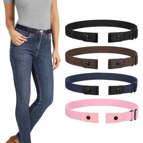 LEACOOLKEY 4 Stück Damen ohne Schnalle Elastischer Stretch Gürtel für Jeans Unsichtbarer Schnallenfreier Plus Size Gürtel für Herren Metallfrei von LEACOOLKEY
