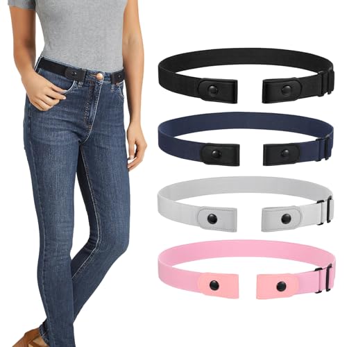 LEACOOLKEY 4 Stück Damen ohne Schnalle Elastischer Stretch Gürtel für Jeans Unsichtbarer Schnallenfreier Plus Size Gürtel für Herren Metallfrei von LEACOOLKEY