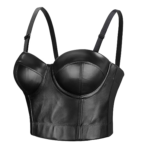 LEACOOLKEY Damen-Korsett-Top PU-Leder-Bustier-Crop-Top Gothic-Punk-Push-up BH Schwarz von LEACOOLKEY